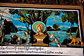 Yangon Myanmar. Shwedagon Pagoda (the Golden Stupa). Details of the panels at the sides of the  southern stairway narrating the legend of the of Shwedagon Paya. 